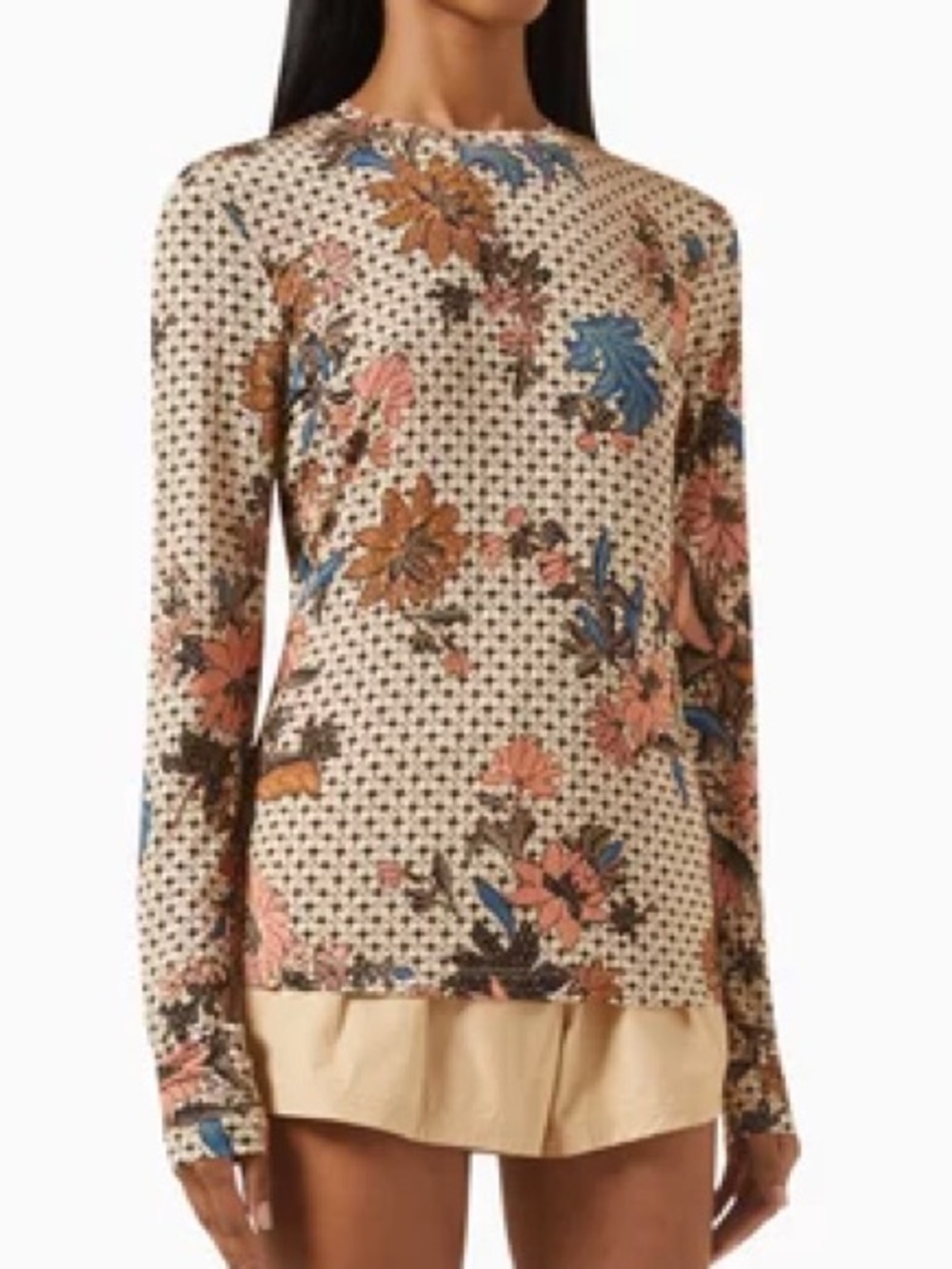 Ulla Johnson Cream Floral Long-Sleeve Crewneck Top with Pink and Blue Accents